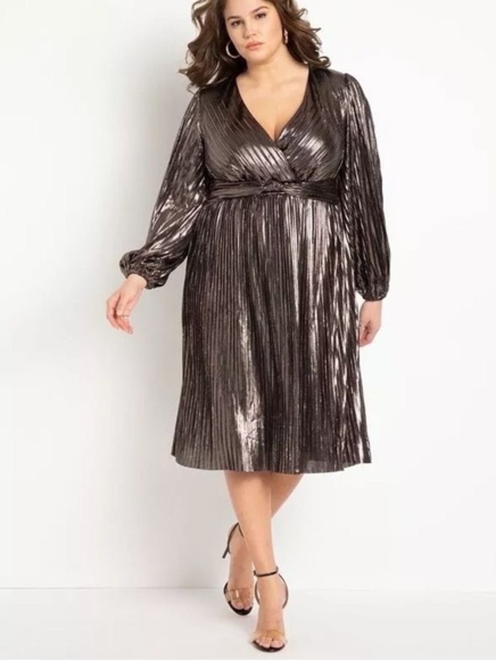 Eloquii Metallic Pleated Wrap Midi Dress - Bronze Shimmer
